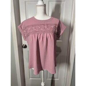 Blu Pepper Pink Lace Yoke Blouse Womens‎ Large Short Sleeve Boho Top